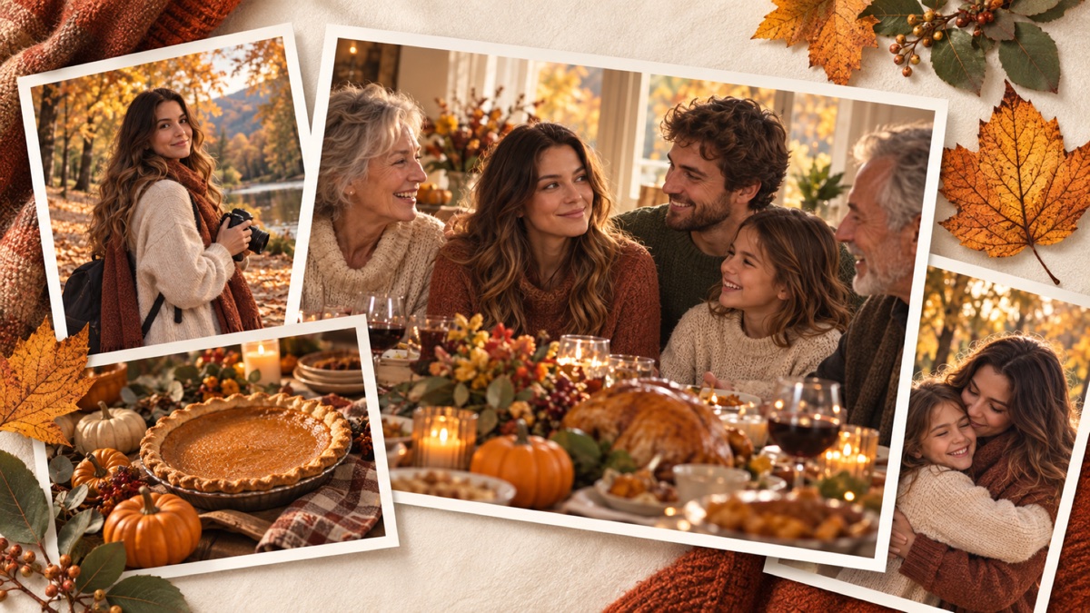 Illustrative Thanksgiving collage with autumn leaves and family photographs