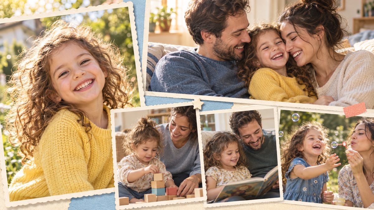Sample childhood photo collage with family portraits, play and growing-up moments