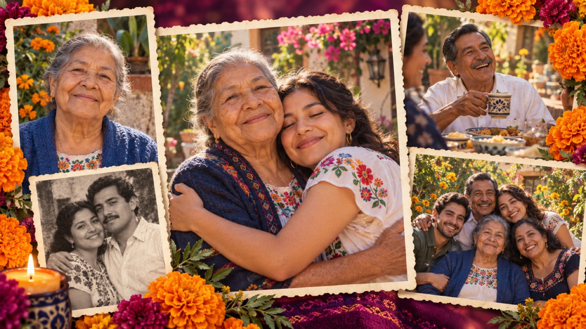Sample Día de Muertos collage with family portraits and marigolds