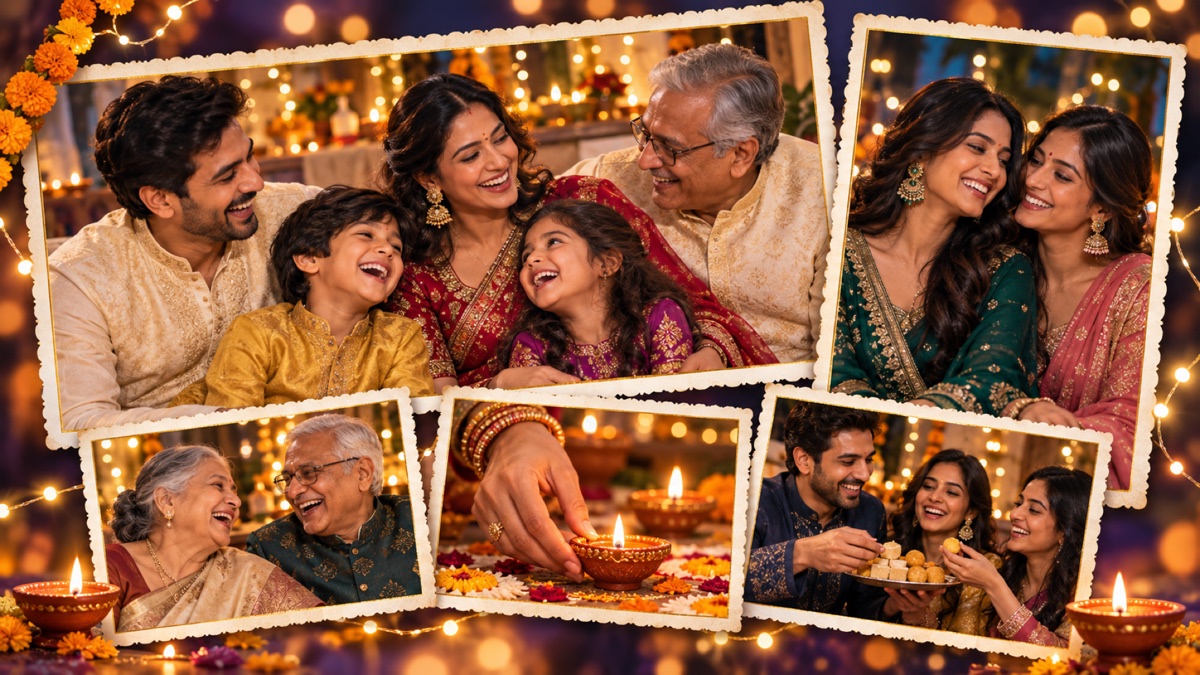 Sample Diwali collage of family photographs, lights and a small diya