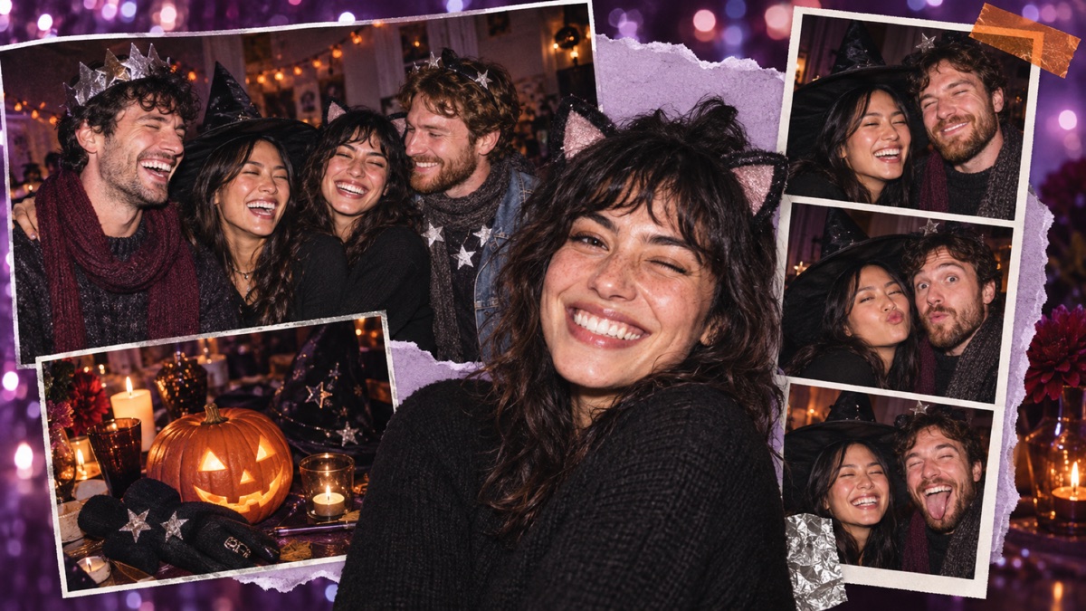 Sample Halloween costume collage with party portraits and photo booth strip