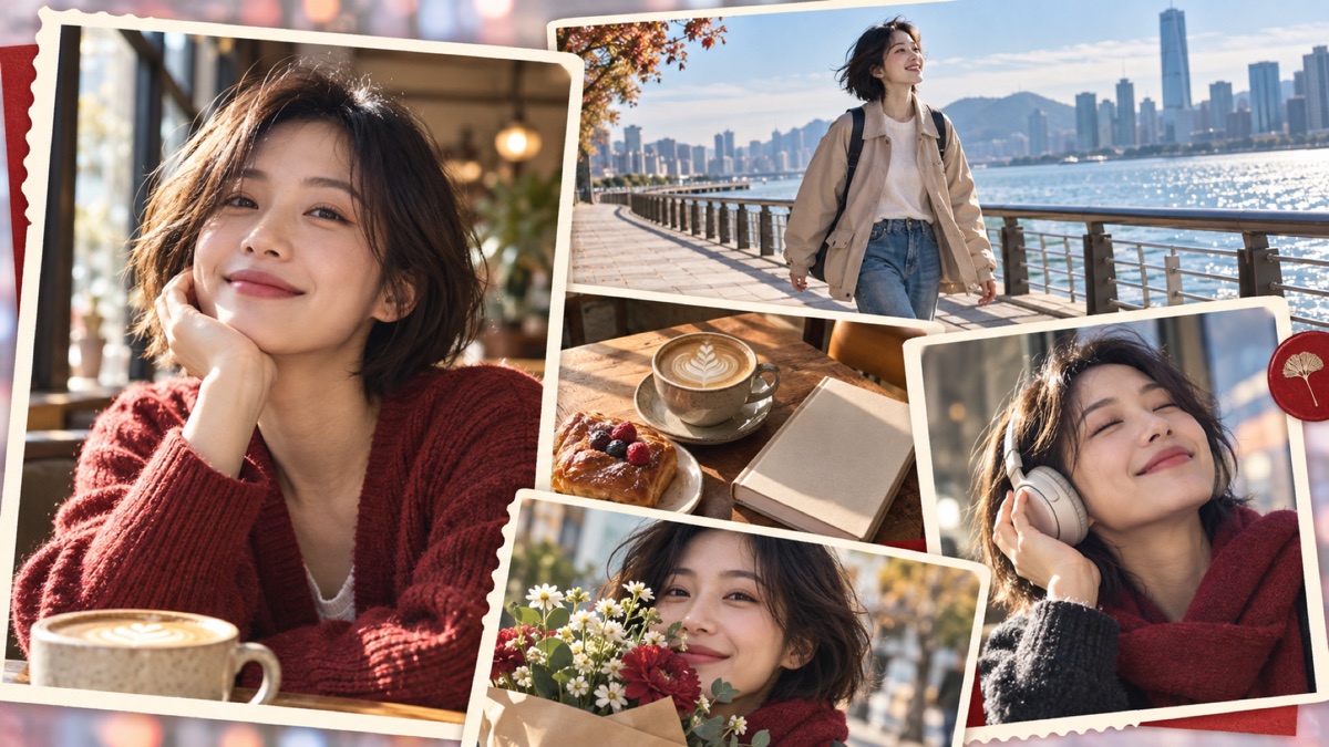Sample Singles Day collage of portraits, a walk and a café moment